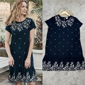 J. Jill The Date-Night Dress Embroidered Flouce Jersey Knit Shortsleeve Navy XL
